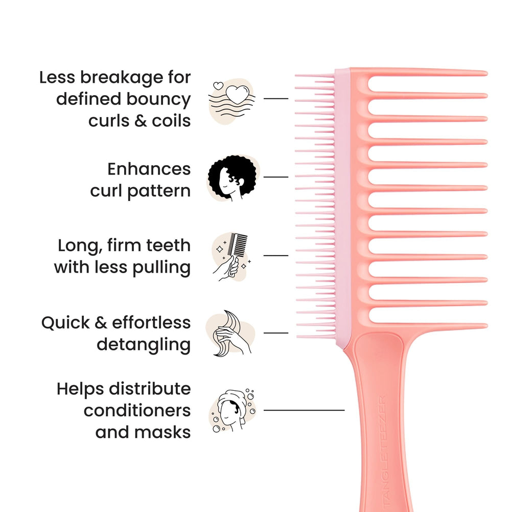 Tangle Teezer Wide Tooth Comb Peach soft rounded tips protect scalp during detangling.