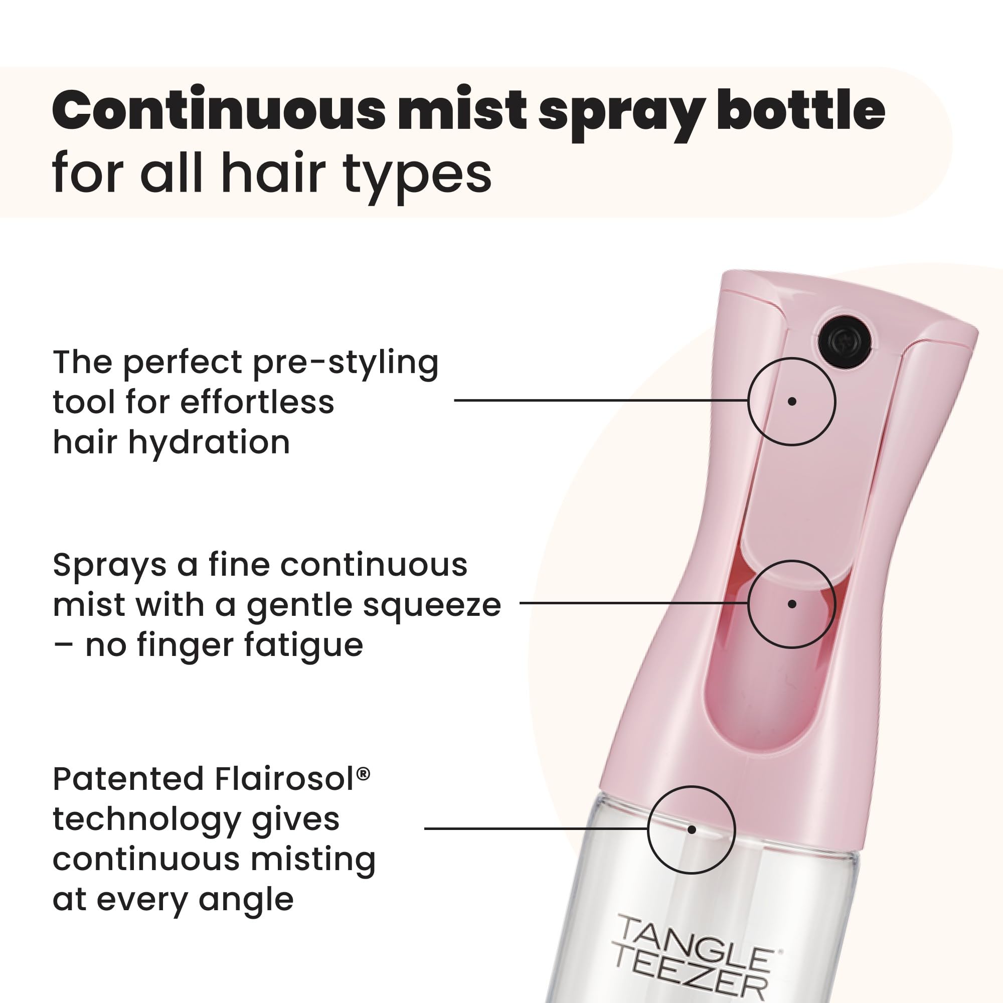 TANGLE TEEZER bottle showcasing the continuous mist cap for even coverage.