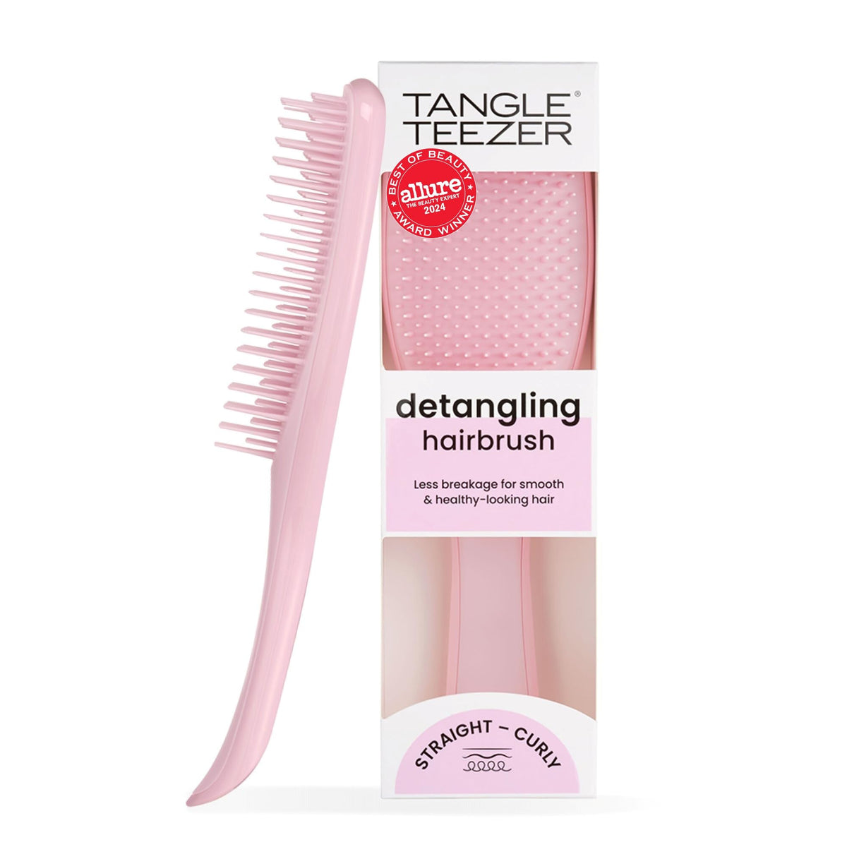 Tangle Teezer Ultimate Detangler in Millennial Pink close up showing two tier teeth for gentle detangling