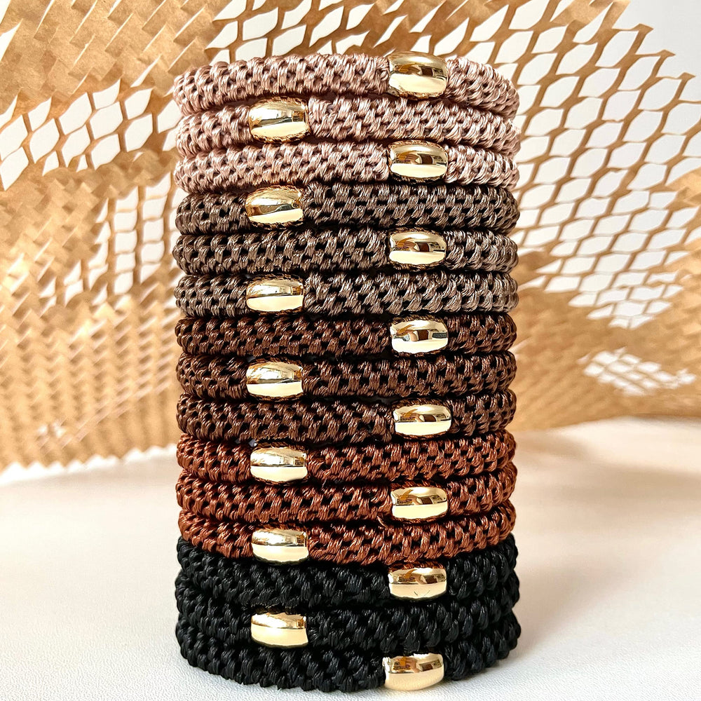 Tanha 15Pcs hair ties brown pack closeup showing sturdy elastic for secure, no-slip styling.