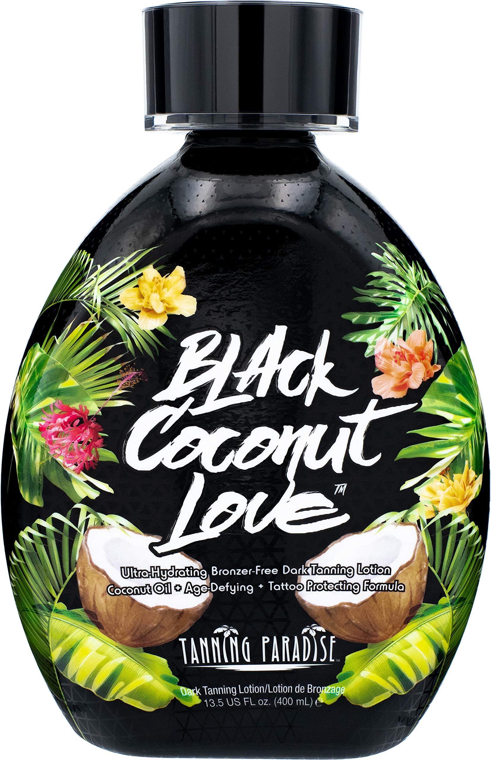 Tanning Paradise Black Coconut Love lotion jar close-up highlighting hydration.