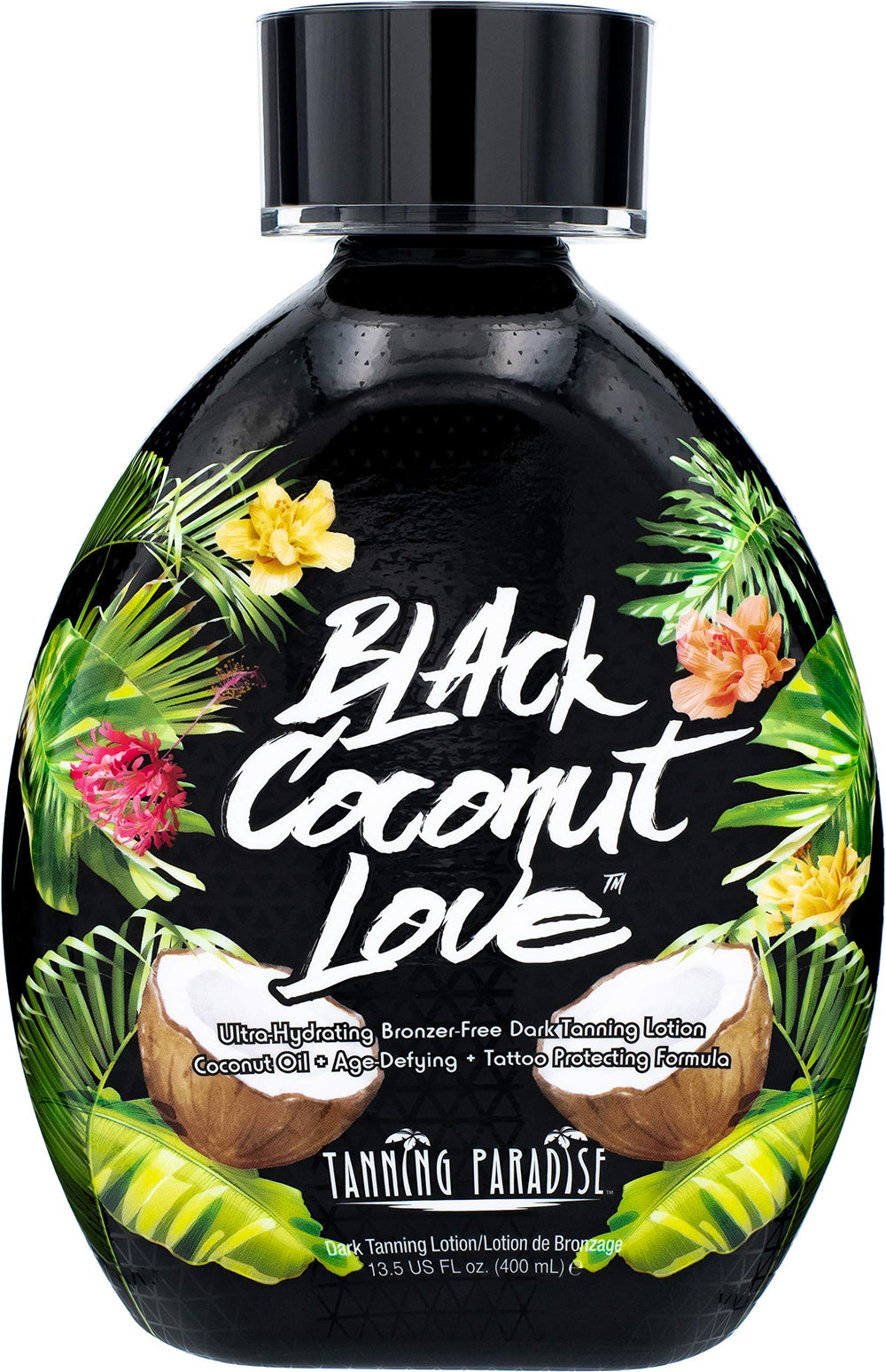 Tanning Paradise Black Coconut Love lotion jar close-up highlighting hydration.