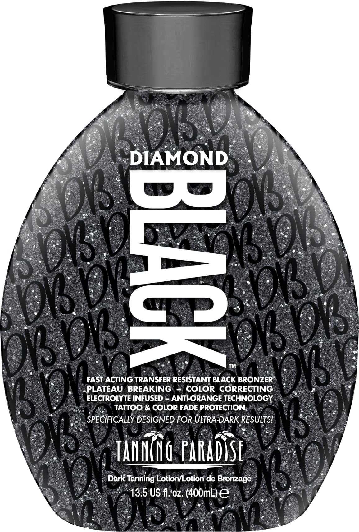 Tanning Paradise Diamond Black bottle pour showing transfer-resistant tanning for clean clothes