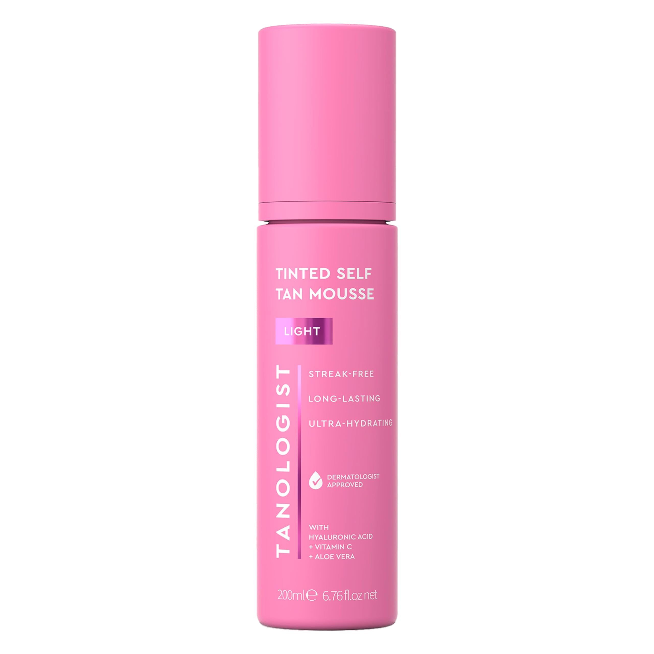 Tanologist Light Self Tan Mousse tube close-up with color guide for even application.
