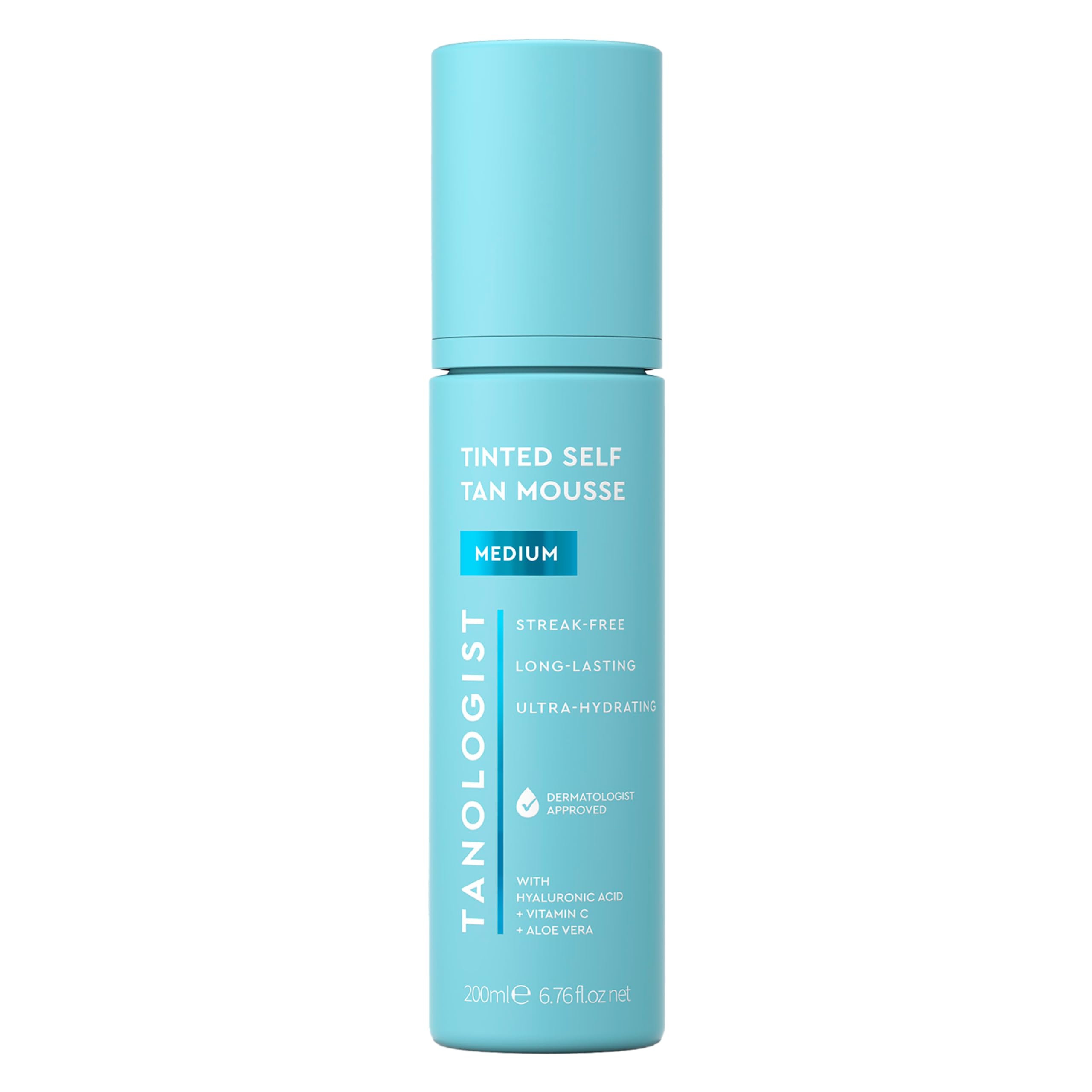 Tanologist Medium Self Tan Mousse bottle closeup with tinted guide for easy, even application.