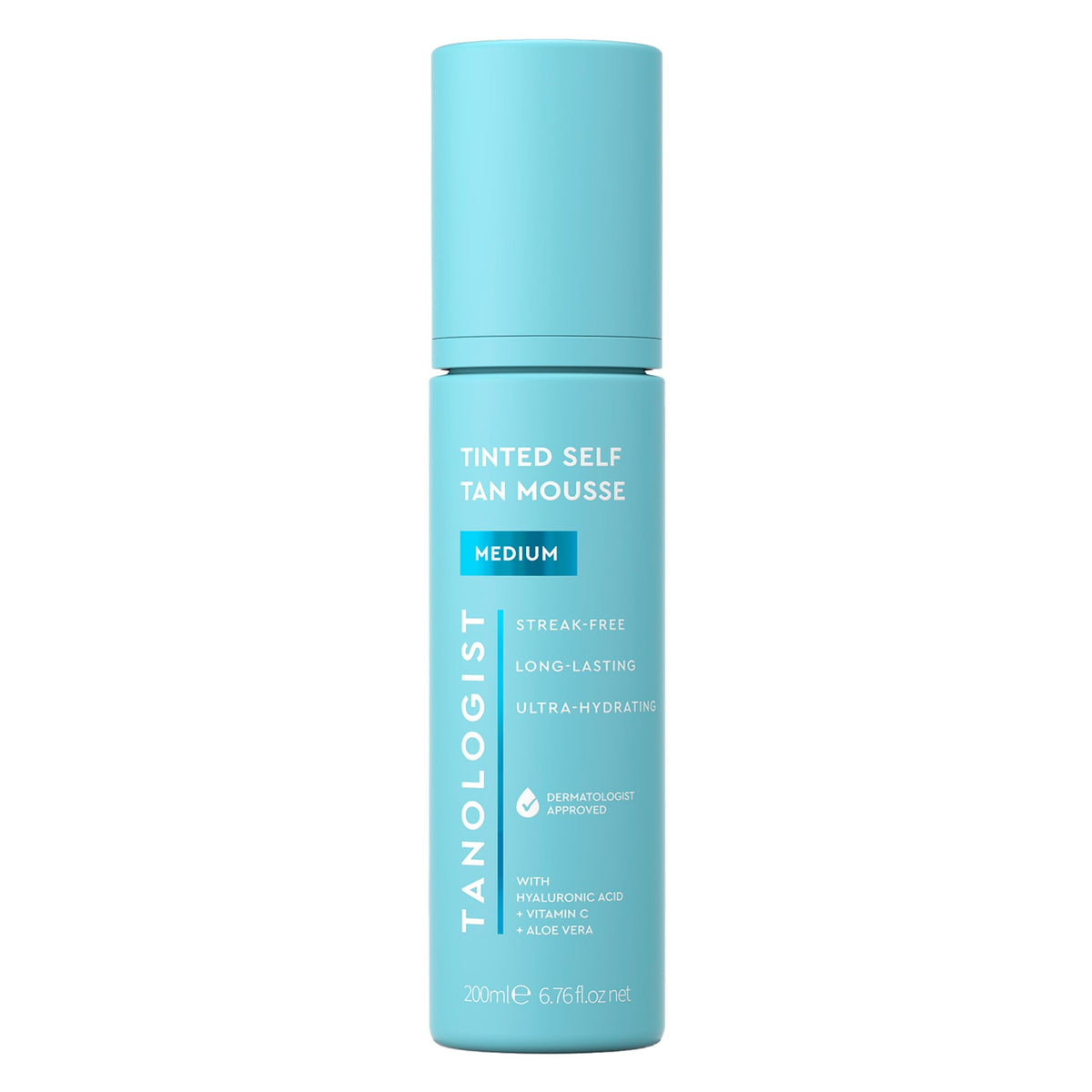 Tanologist Medium Self Tan Mousse bottle closeup with tinted guide for easy, even application.