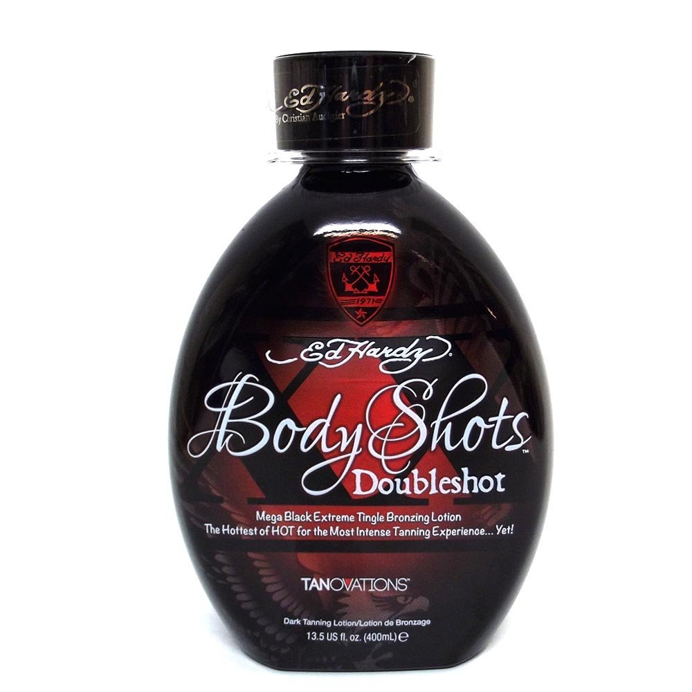 Tanovations Ed Hardy Body Shots Double Shot bottle poured for an extreme hot tingle tan.