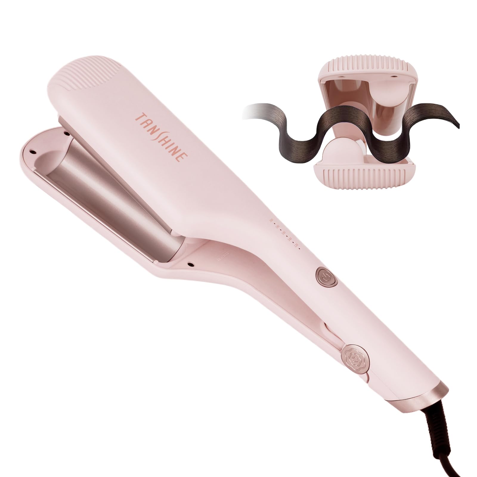 TANSHINE curling iron dual-barrel pink closeup for quick beach waves