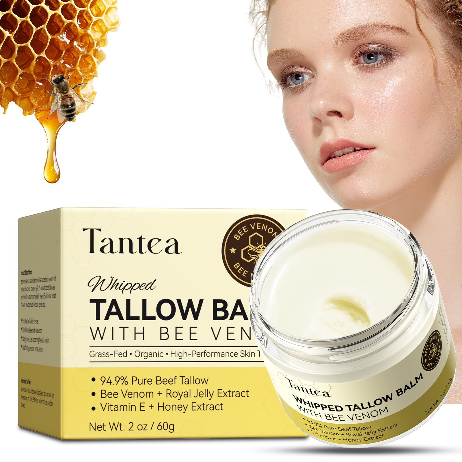 Tantea beef tallow bee venom jar closeup showing rich texture for deep moisturization