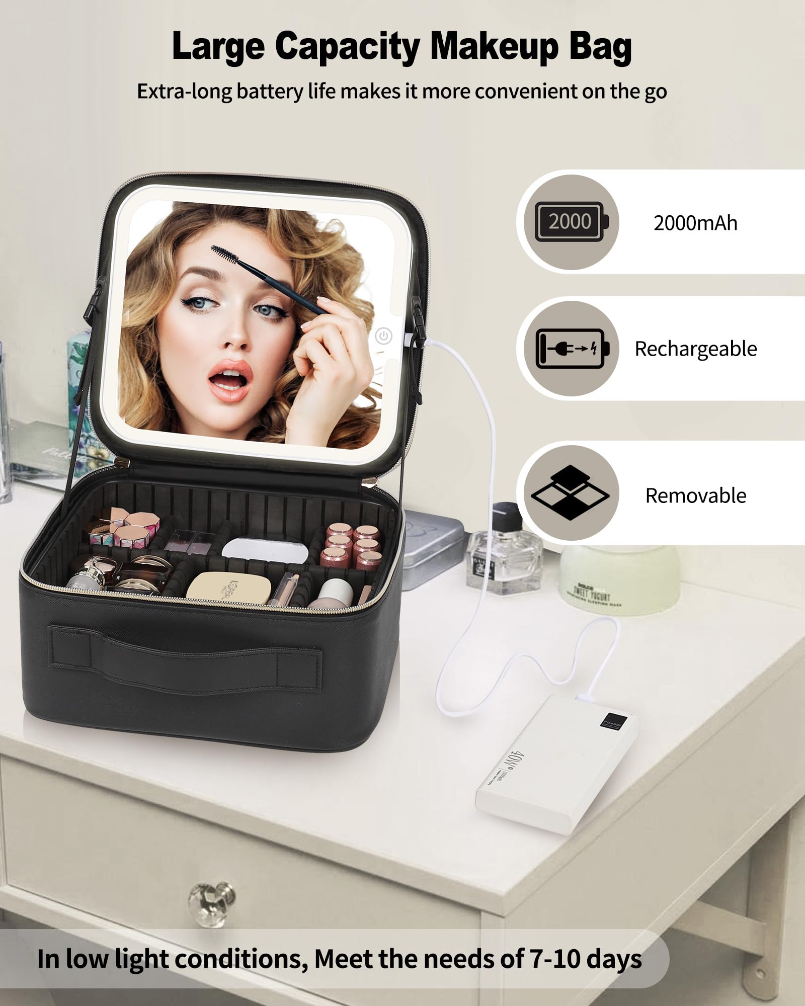 TANTO makeup bag 3-color light mirror demonstrates versatile lighting for day-to-night makeup.