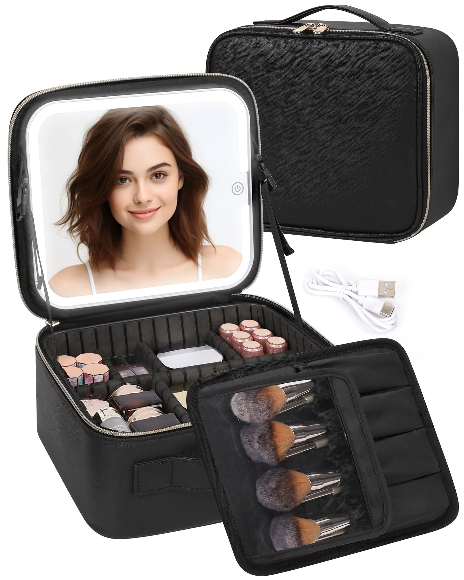 TANTO makeup bag with LED mirror front view shows portable storage and on-the-go lighting.