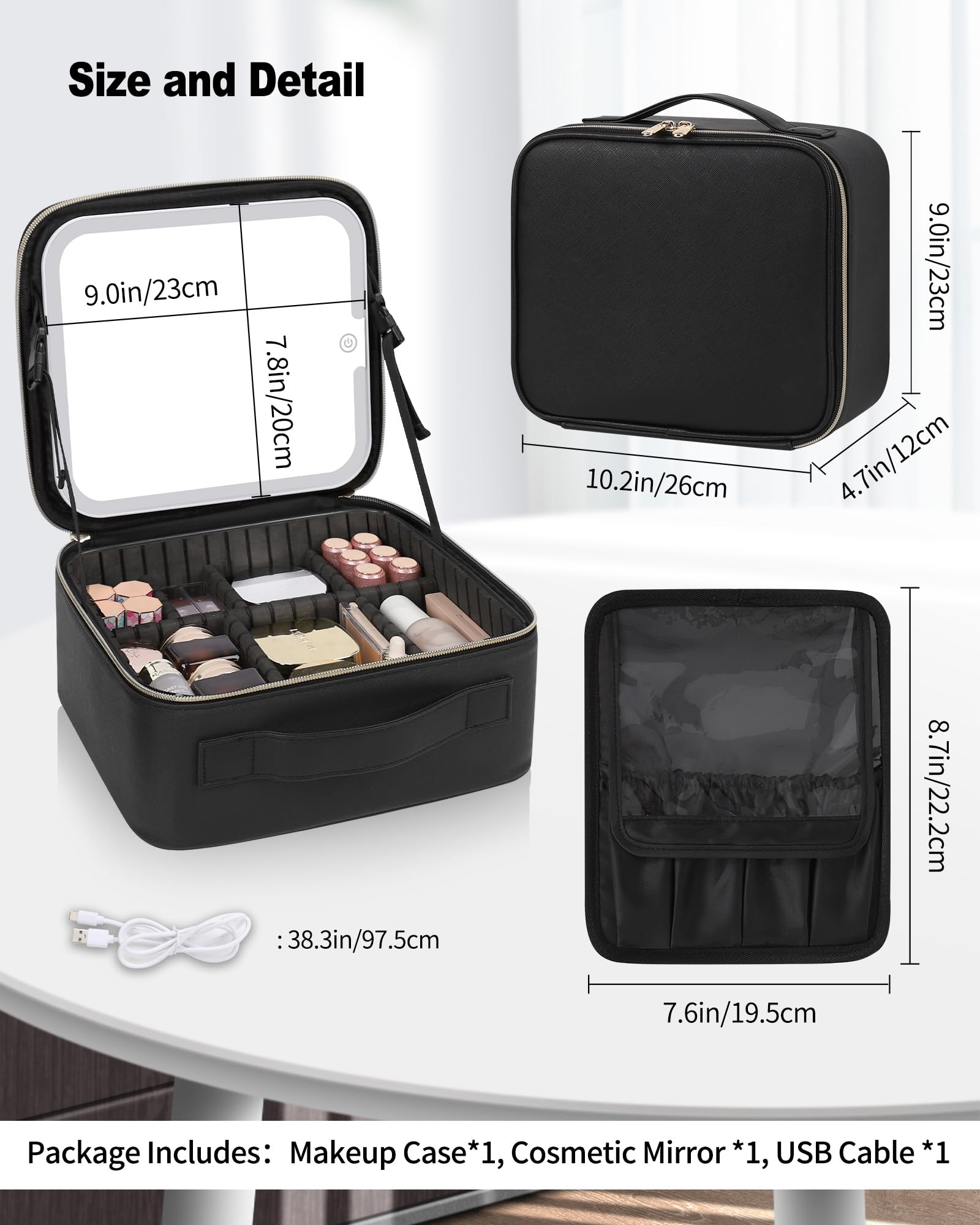 TANTO makeup bag LED mirror open view highlights adjustable divider access.