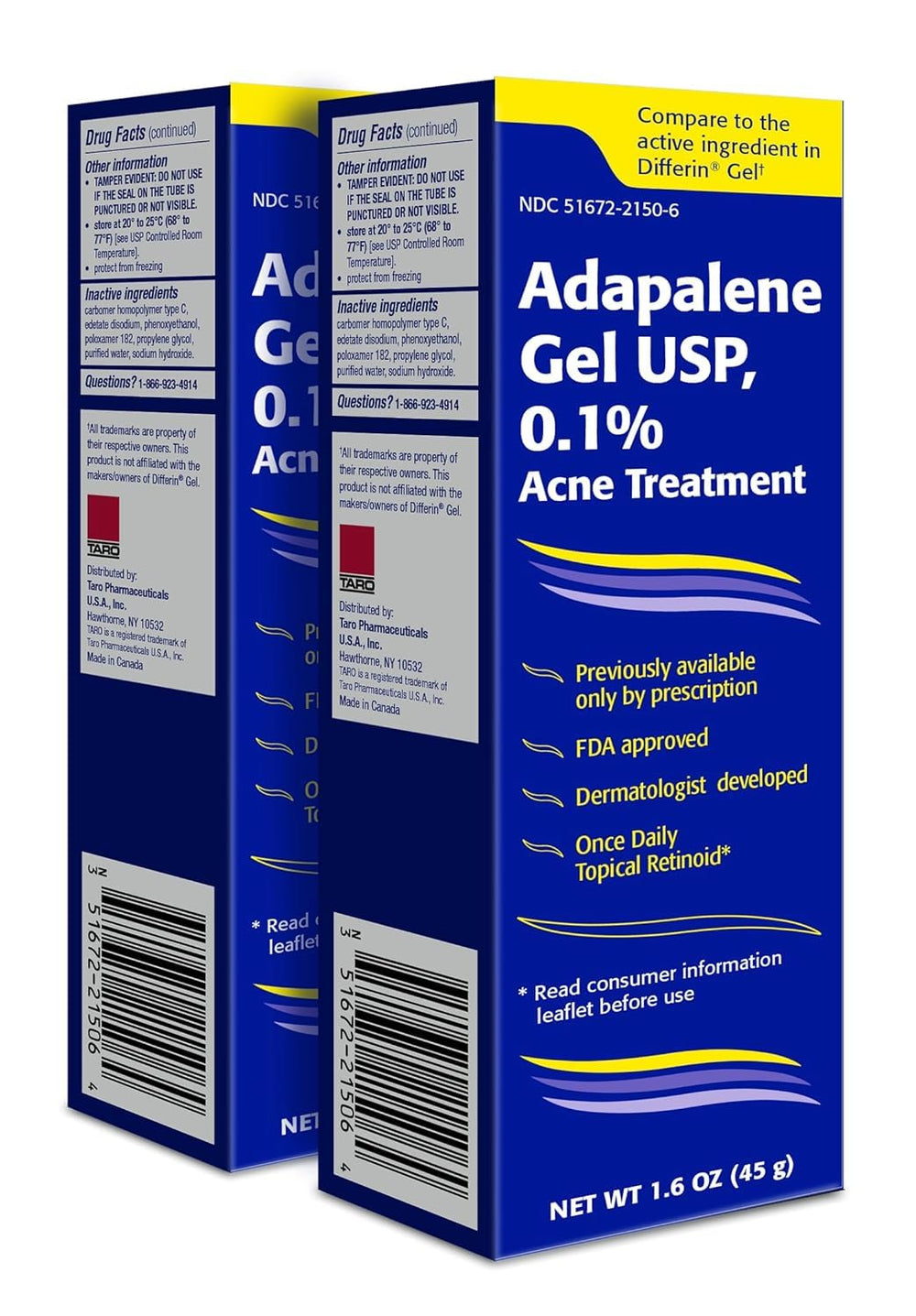 TARO Adapalene 0.1% USP Gel packaging close-up showing paraben-free formula for sensitive skin.