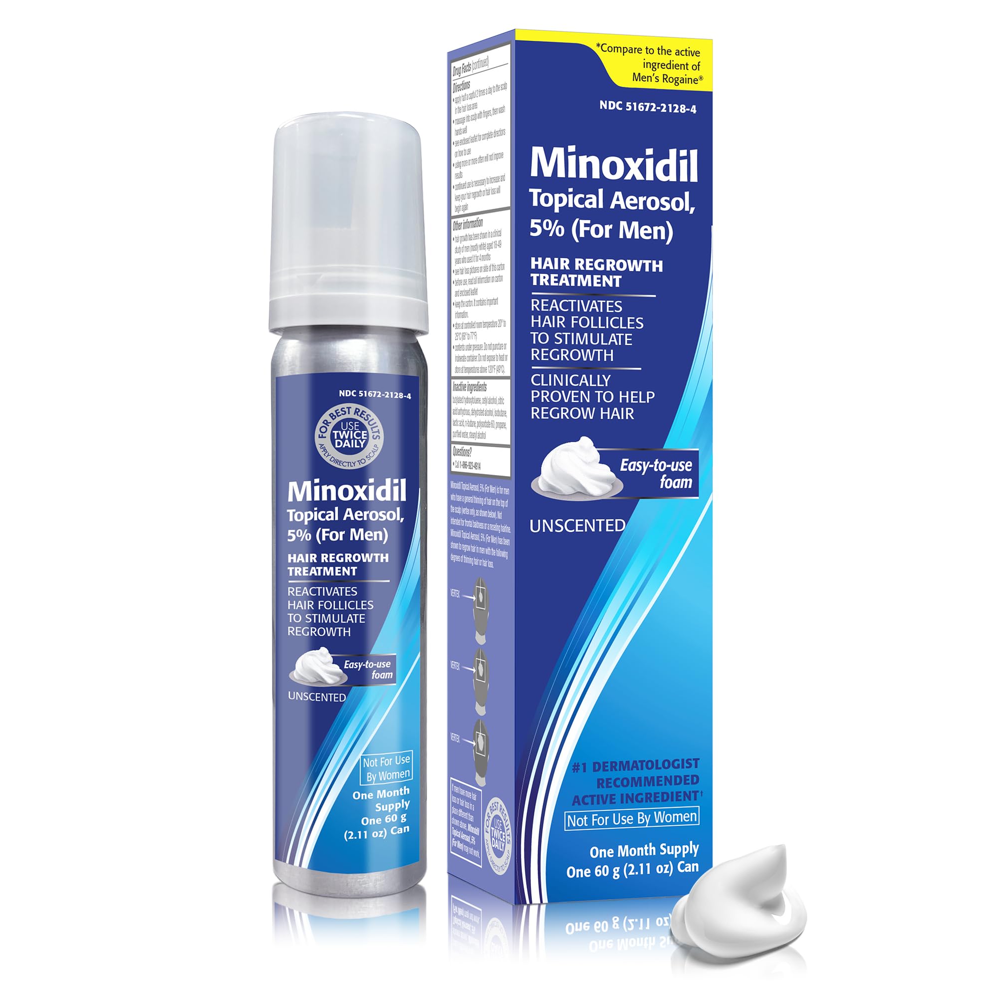 TARO Minoxidil foam bottle side view highlights 2.11 oz per bottle.