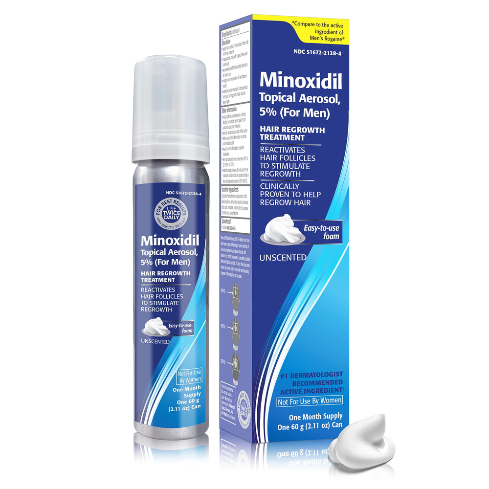 TARO Minoxidil foam bottle side view highlights 2.11 oz per bottle.