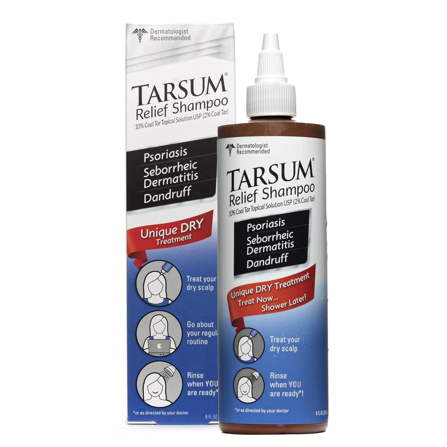 Tarsum Extra Strength Psoriasis Shampoo bottle front with coal tar relief for itchy scalps.