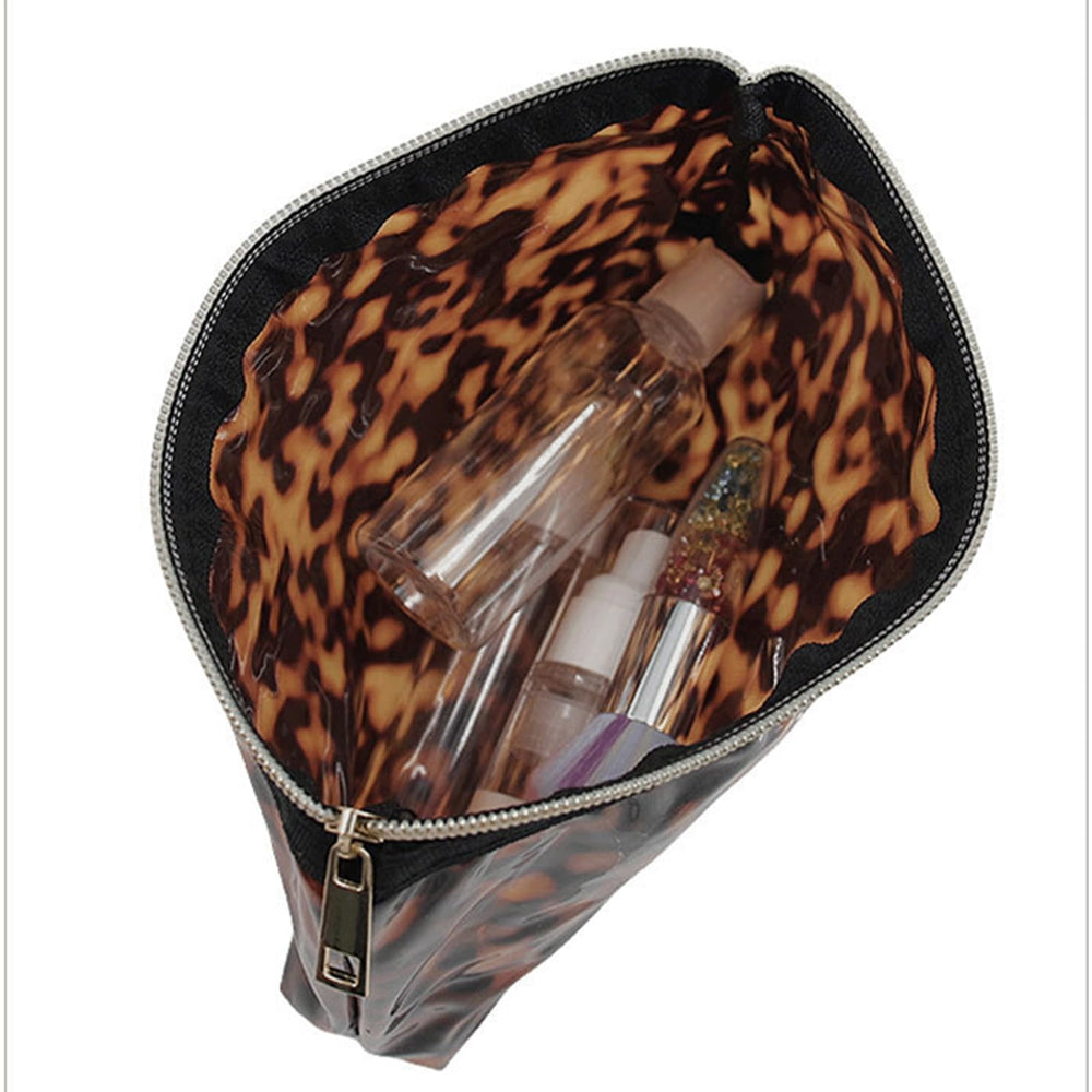 Tarvione tortoise purse zipper closure keeps cosmetics secure while commuting.