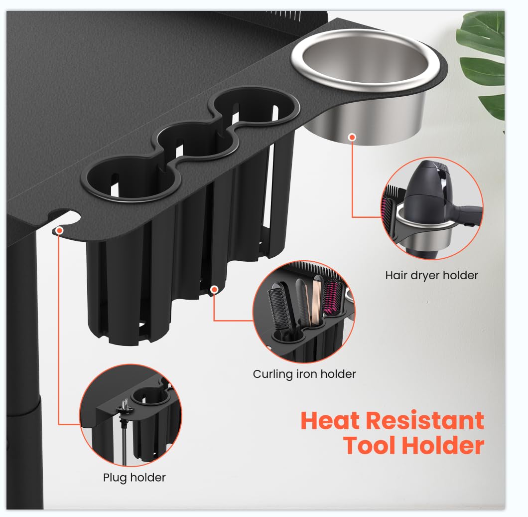 Tasalon adjustable-height hair rack shows clear versatility for standing or seated work.