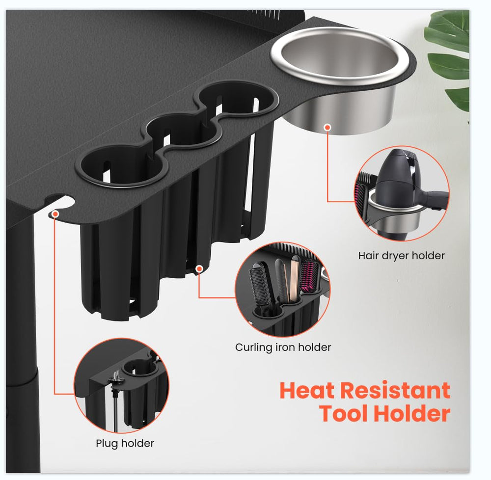 Tasalon adjustable-height hair rack shows clear versatility for standing or seated work.