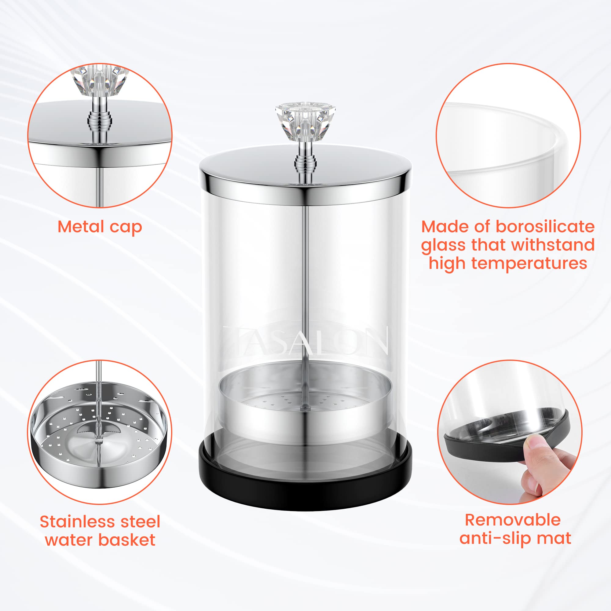 TASALON barber jar clear-view design allows quick monitoring of solution and instruments