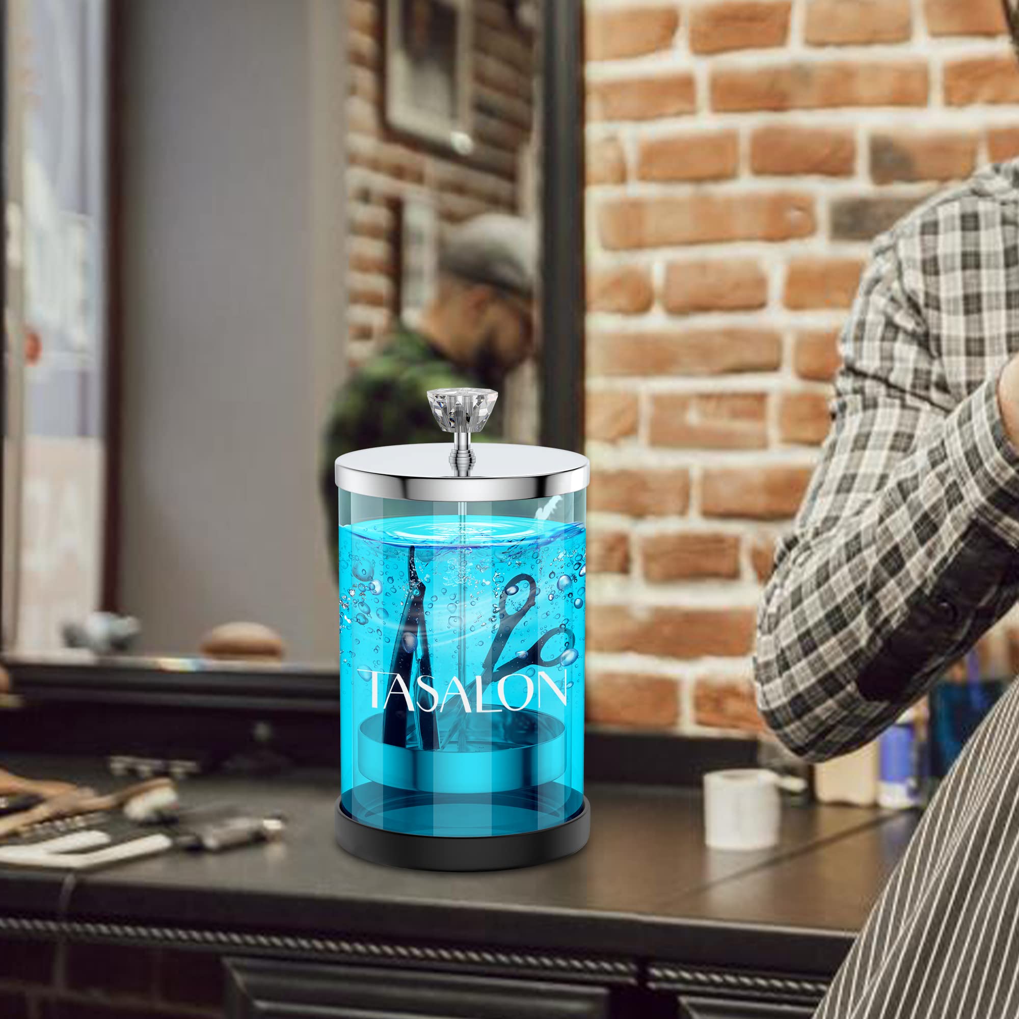 TASALON barber jar removable-basket enables easy loading and soaking of tools