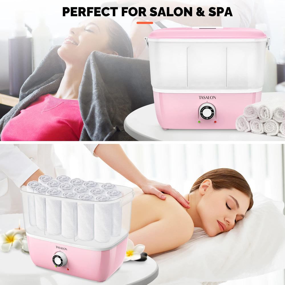 TASALON hot towel steamer in-use during a spa session highlights convenience.