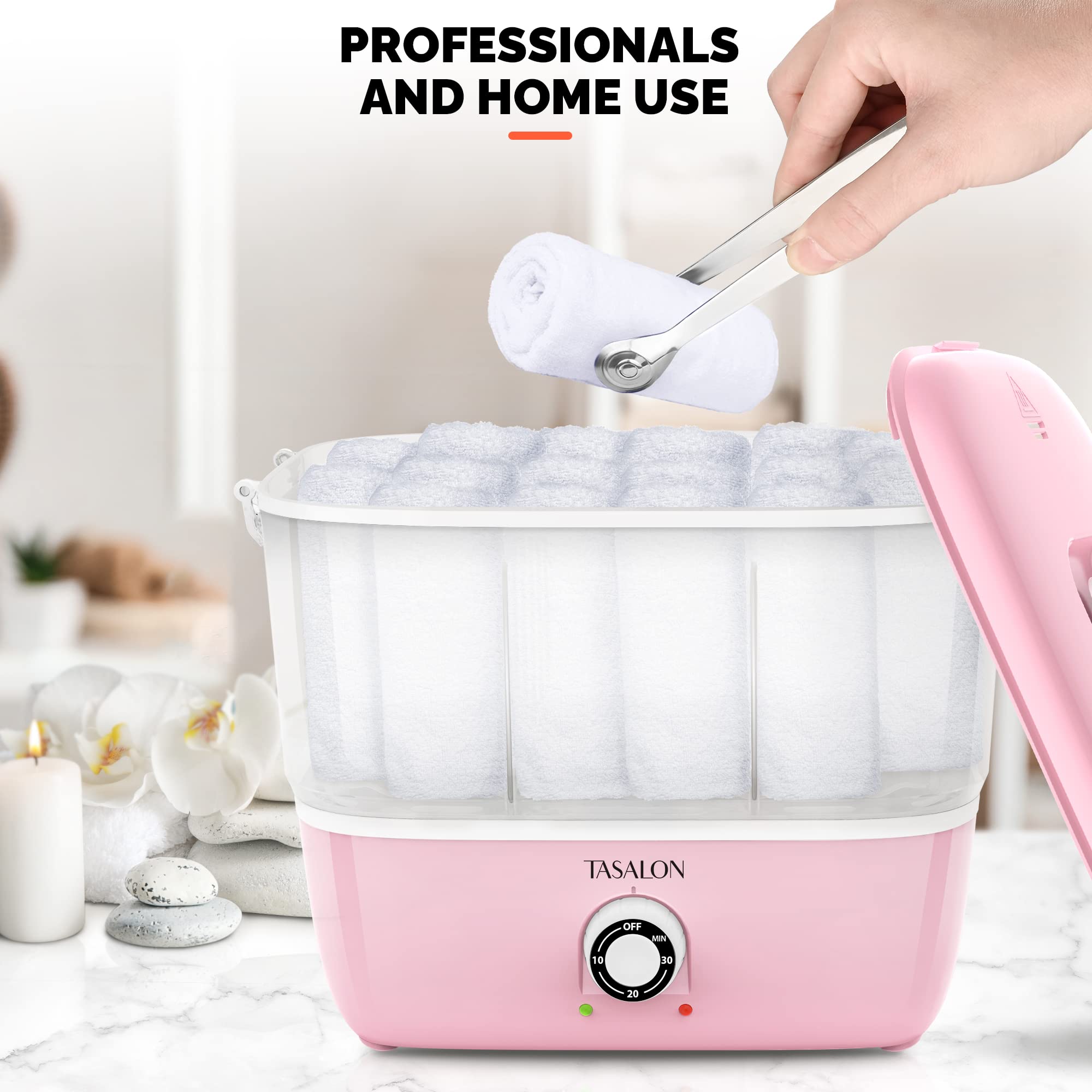 TASALON hot towel steamer towel-loading process shows quick spa prep.