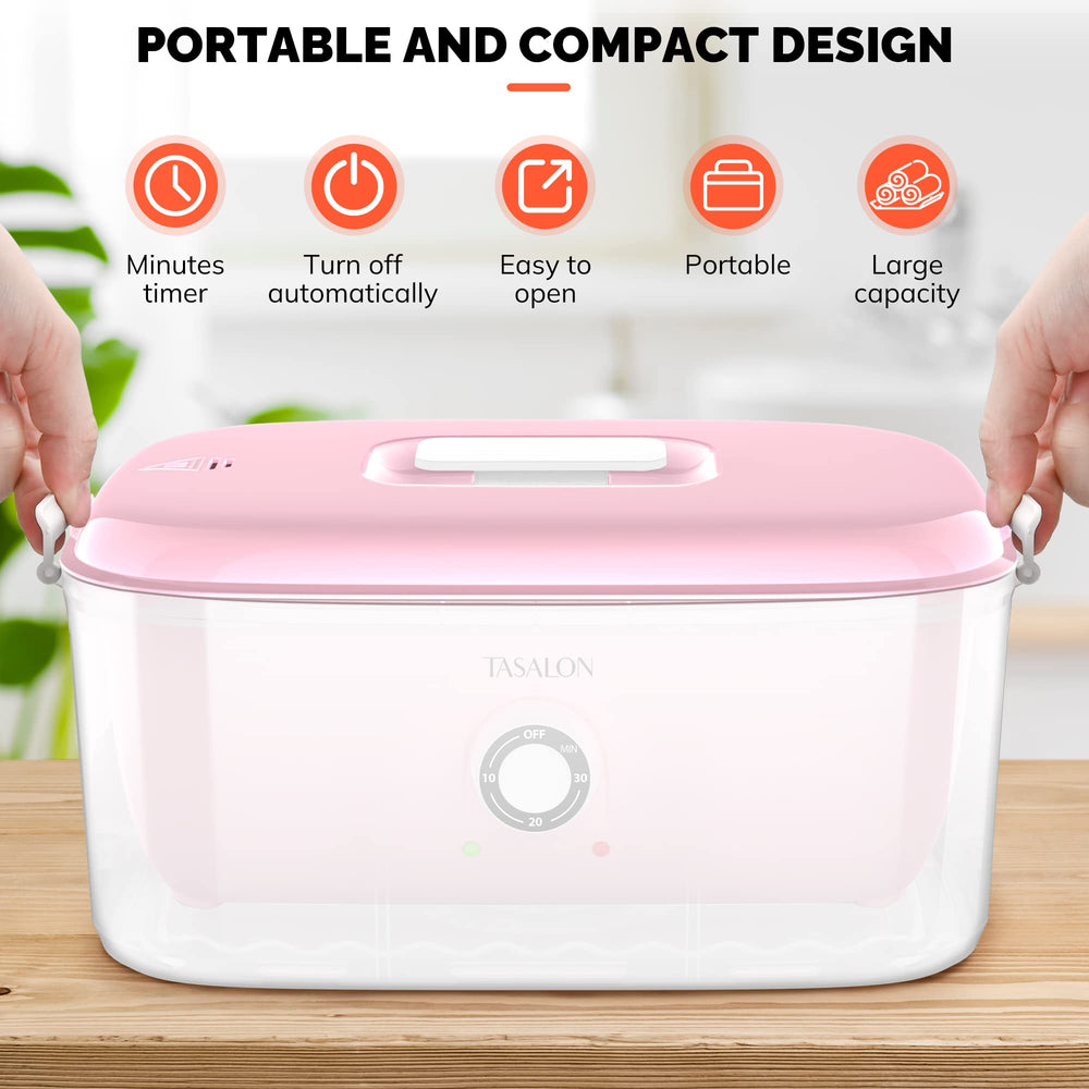 TASALON hot towel steamer water-tank view indicates easy setup for spa sessions.