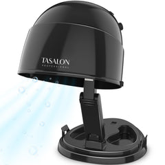 TASALON portable hooded hair dryer bonnet in use for hands-free styling.