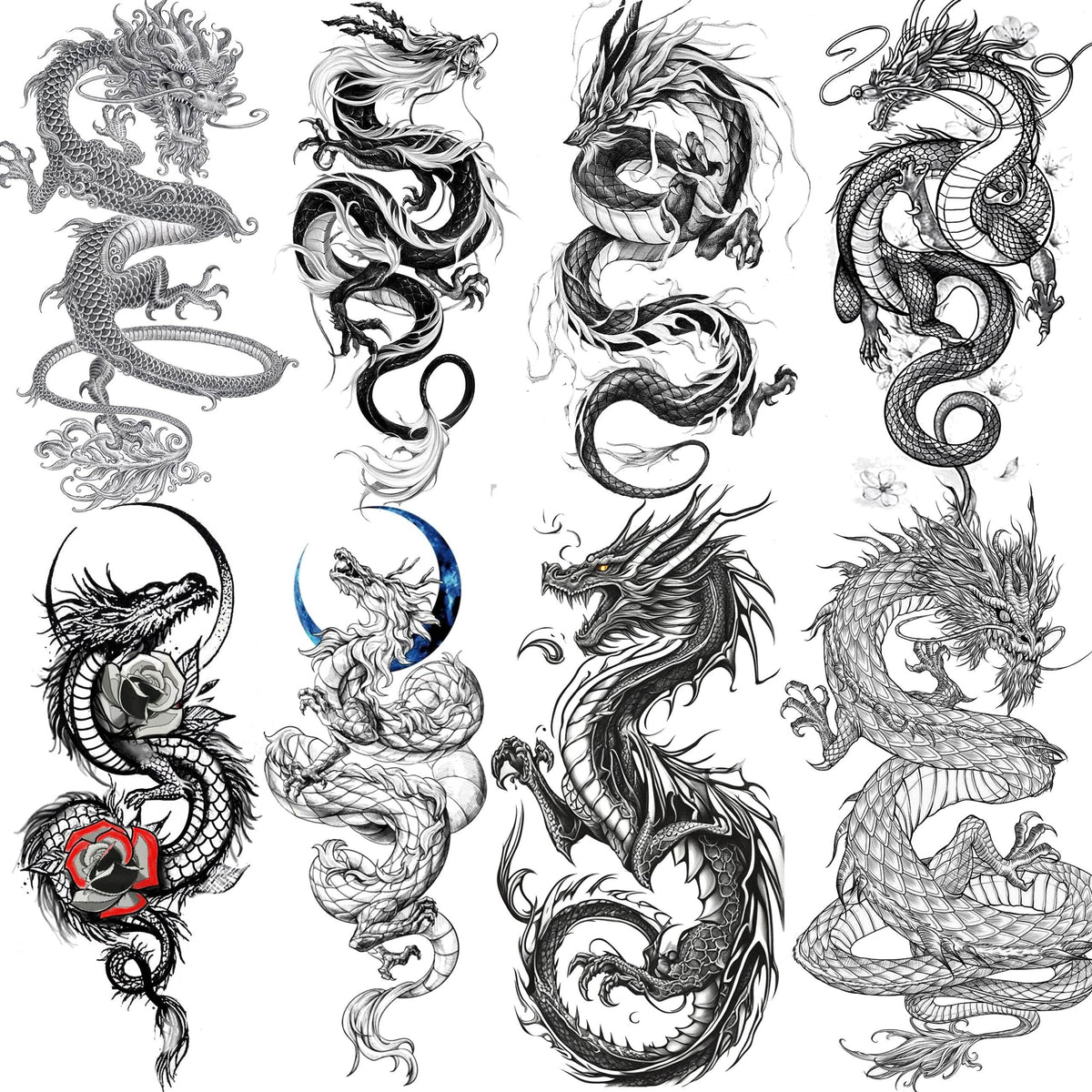 tasroi 8-sheets dragon-tattoos showcase bold black designs for easy body art