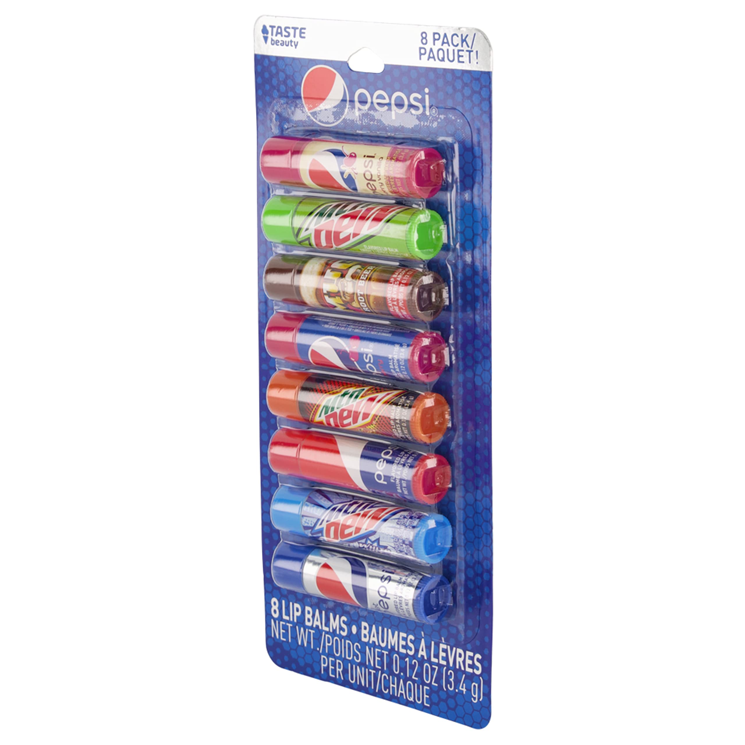 Taste Beauty Pepsi lip balm flavors collection close-up highlights eight iconic tastes
