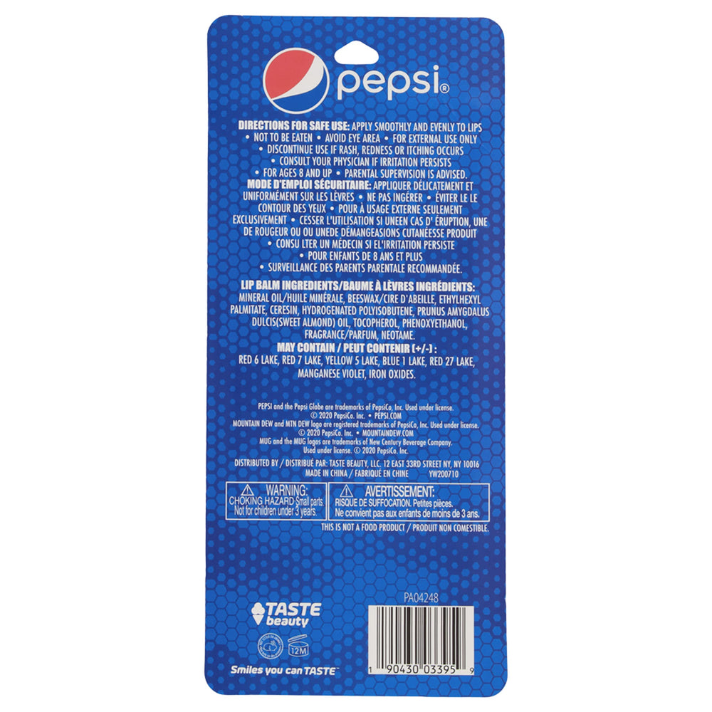 Taste Beauty Pepsi lip balm pack closeup shows glossy tubes for travel-friendly moisture