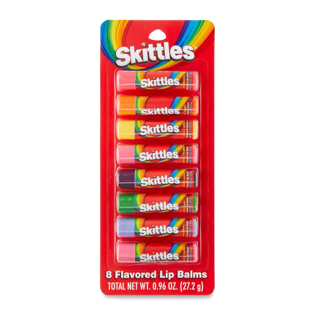 Taste Beauty Skittle Lip Balms 8-pack front view offers vibrant shades for on-the-go color and moisture.