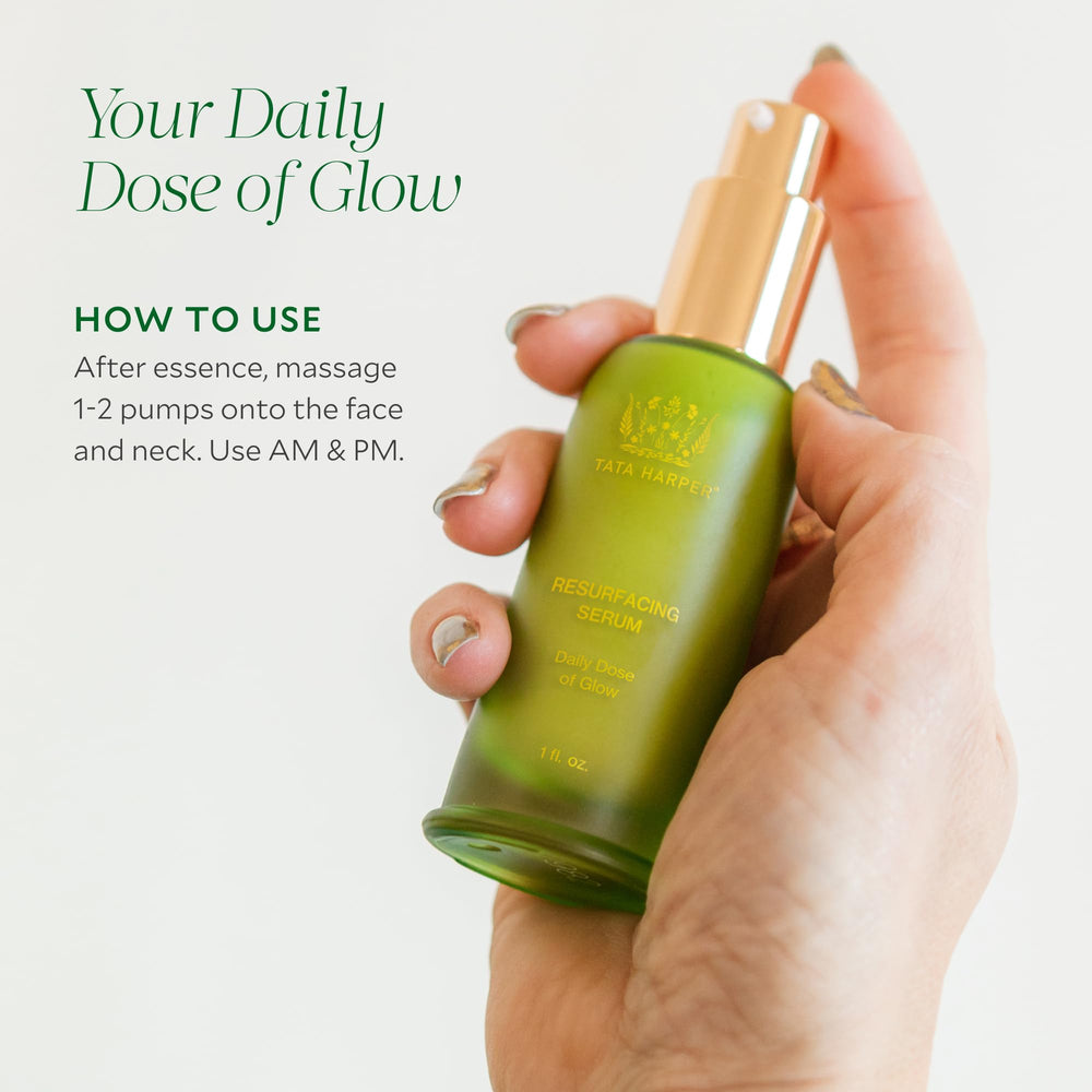Tata Harper Resurfacing Serum being applied during morning skincare routine.