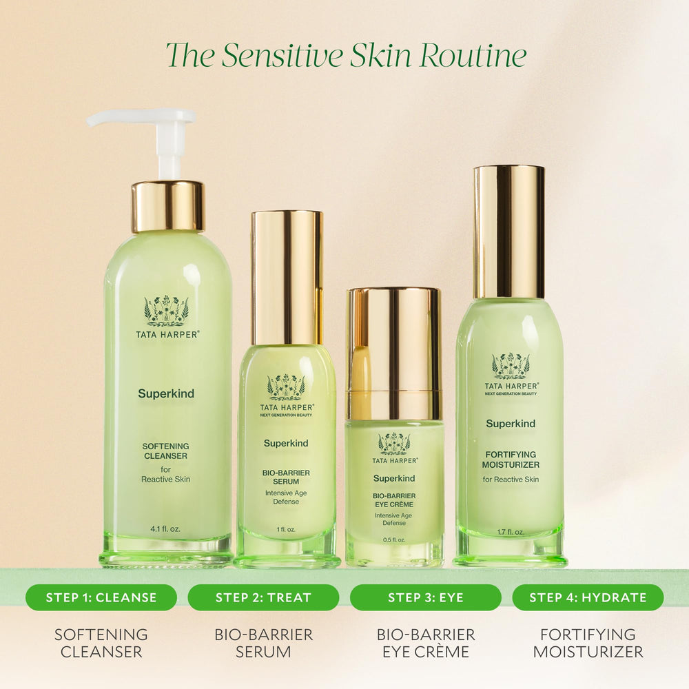 Tata Harper Superkind Softening Cleanser daily routine image conveys easy morning cleanse.