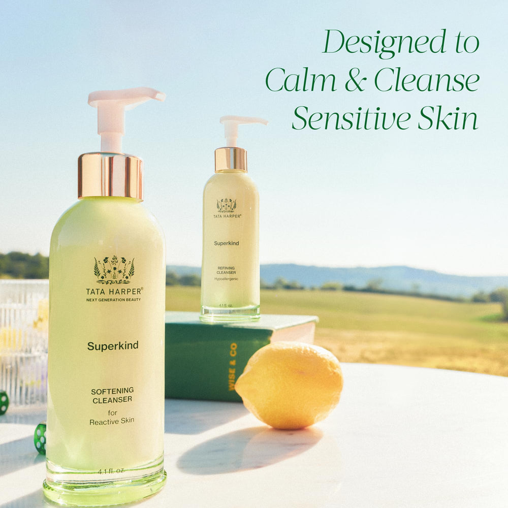 Tata Harper Superkind Softening Cleanser natural ingredients banner showcases pure formulation for irritated skin.