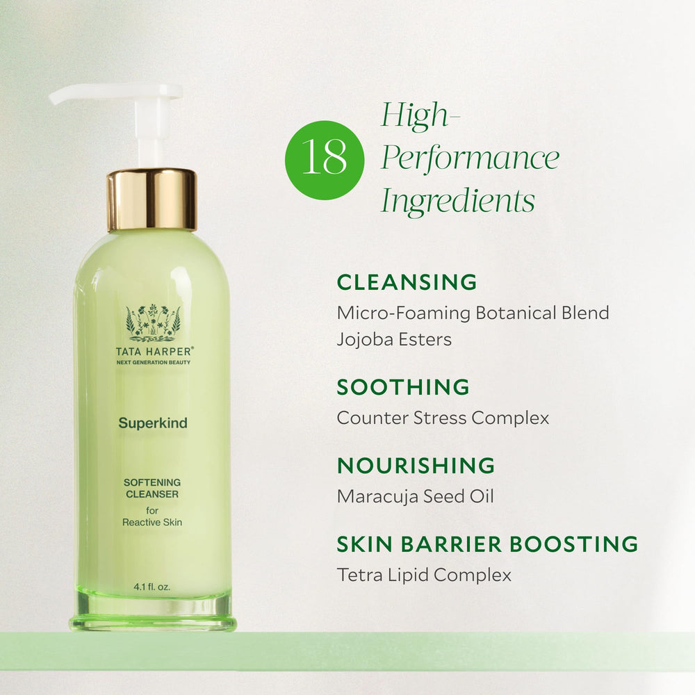 Tata Harper Superkind Softening Cleanser pump dispenser focuses on mess-free daily cleansing.