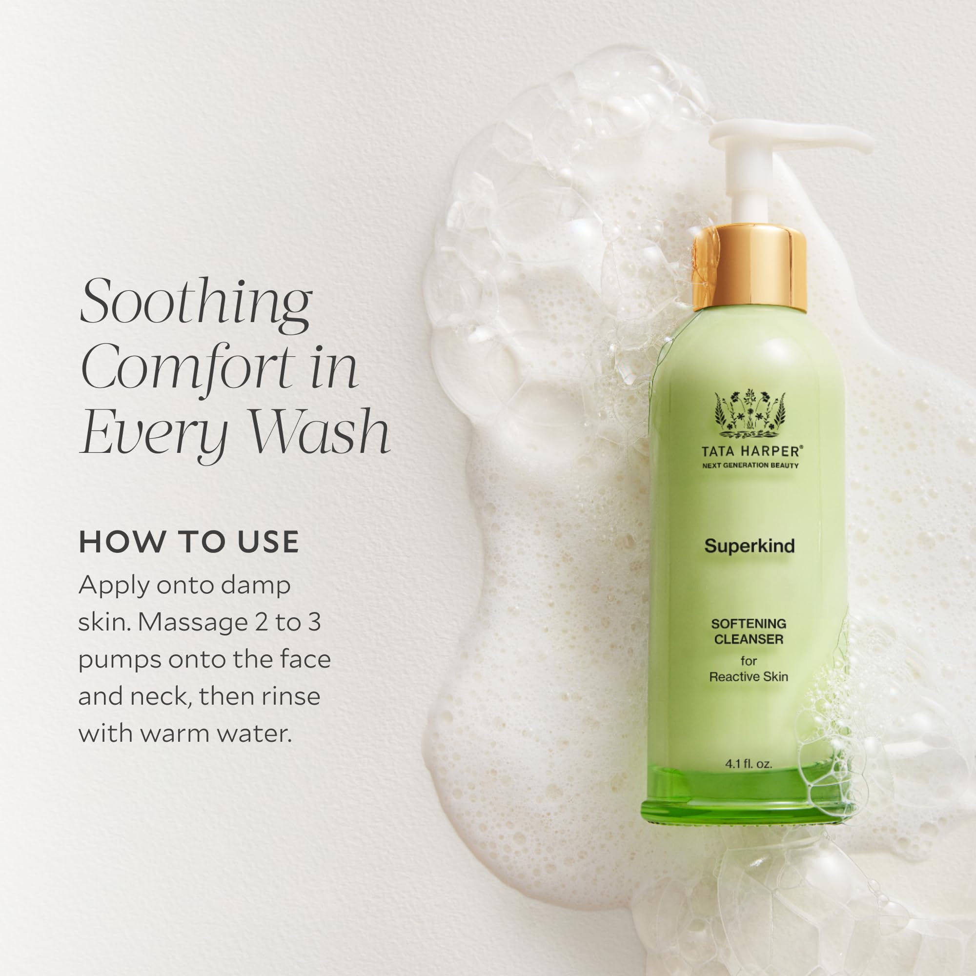 Tata Harper Superkind Softening Cleanser texture cream-foam illustrates non-stripping cleanse for sensitive skin.