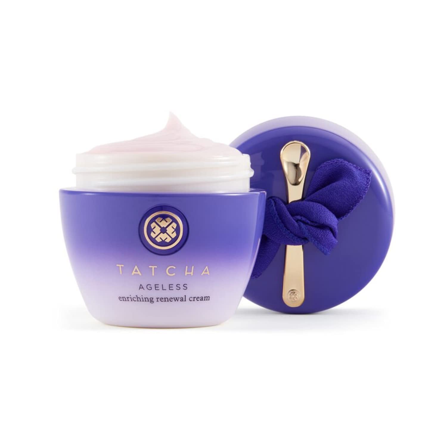 TATCHA Ageless Enriching Renewal Cream on dry skin illustrating dewy, plump look.