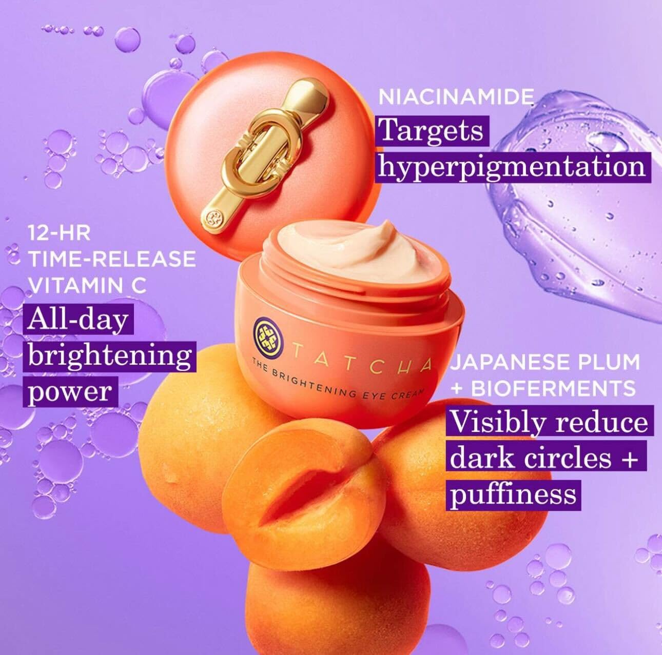 TATCHA Brightening Eye Cream under-eye application on skin demonstrates depuffing potential.