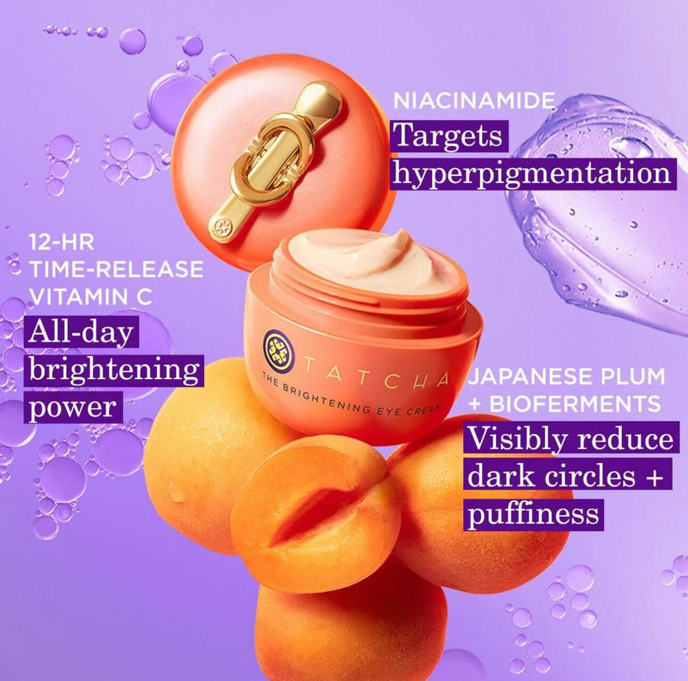 TATCHA Brightening Eye Cream under-eye application on skin demonstrates depuffing potential.