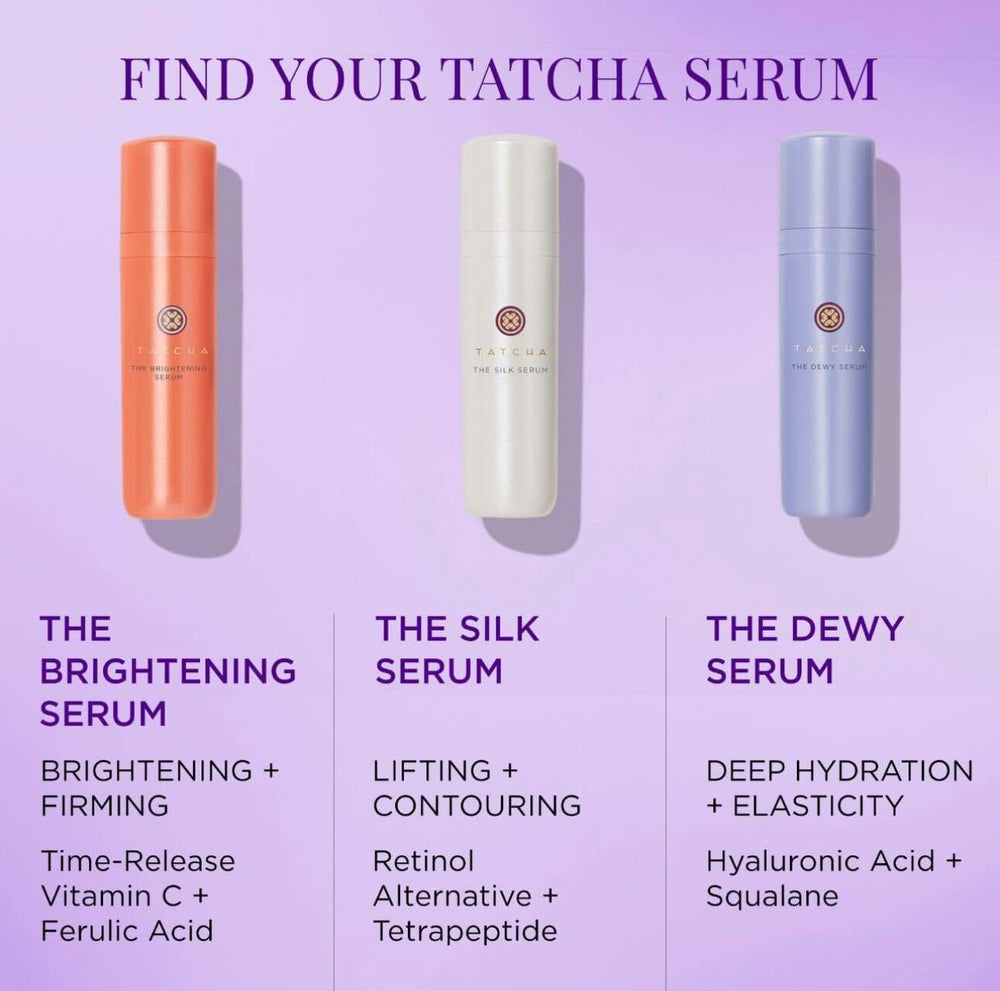 TATCHA The Brightening Serum ferulic-acid enriched formula closeup for antioxidant support.