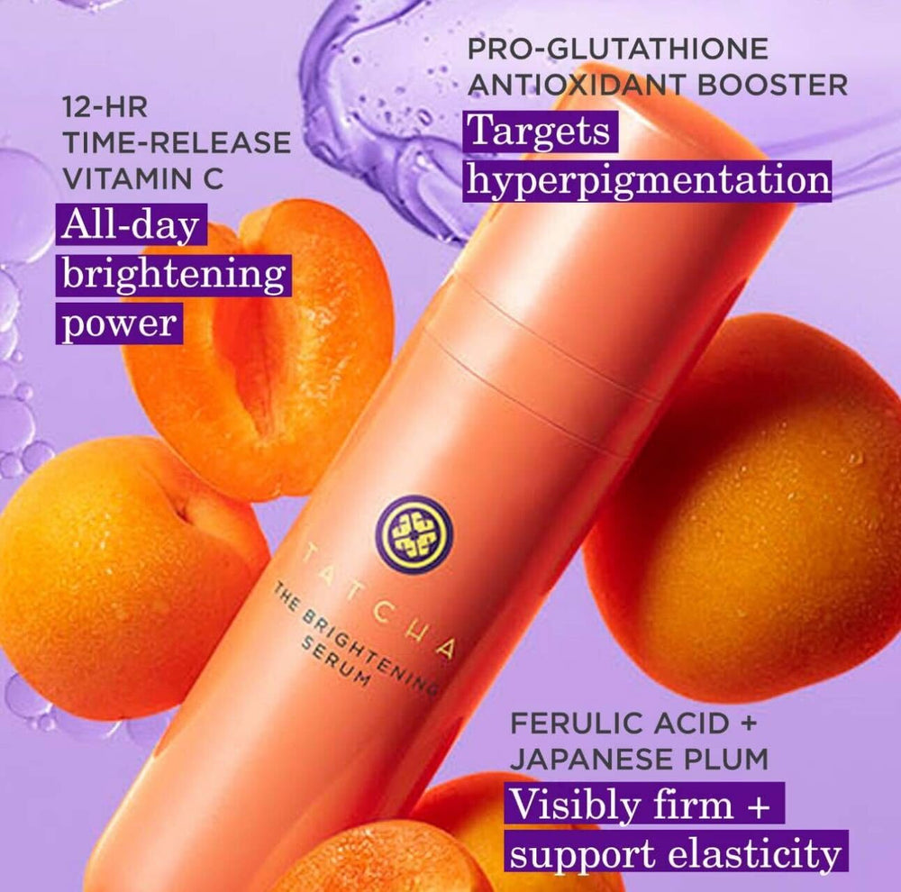 TATCHA The Brightening Serum packaging back view emphasizes premium skincare presentation.