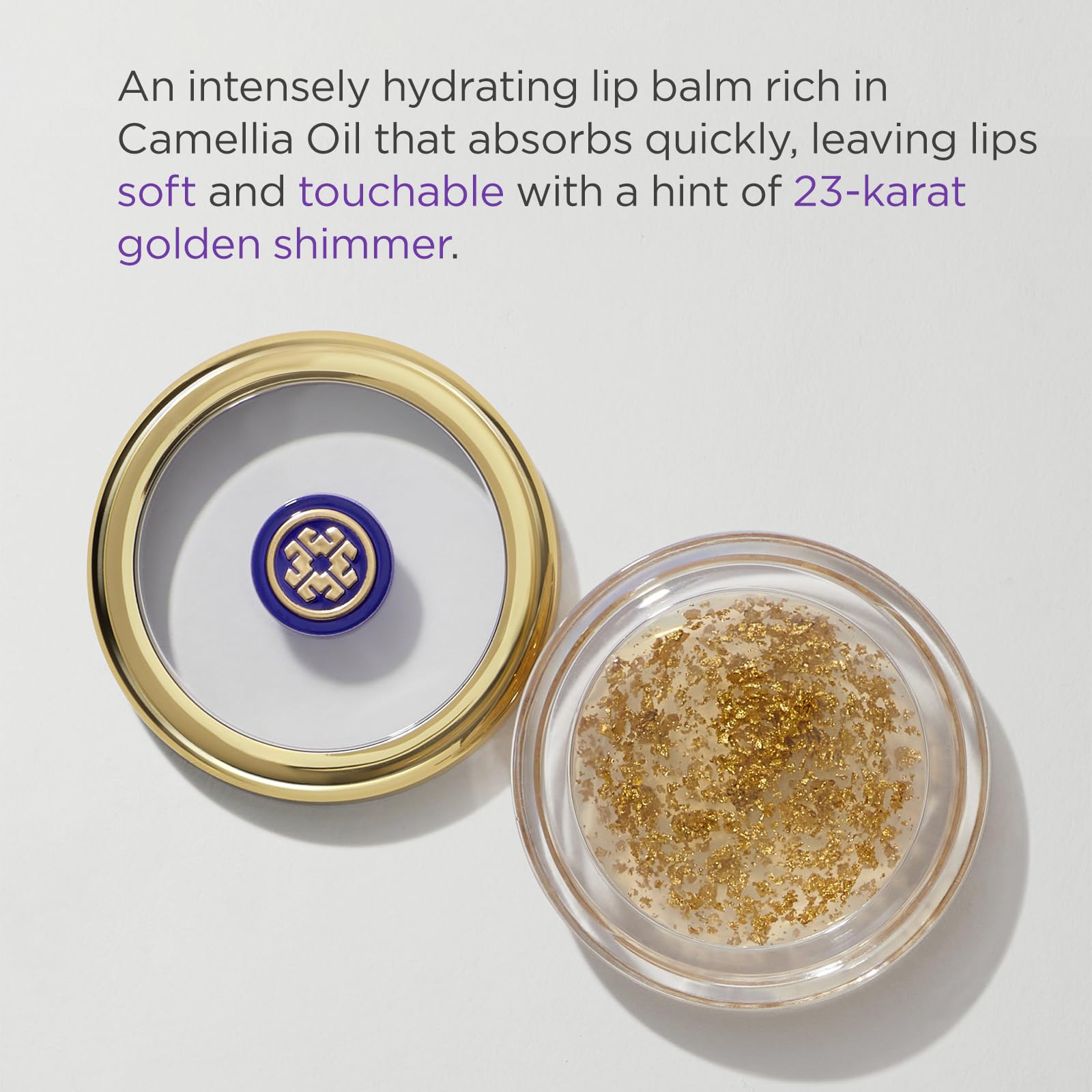 Tatcha Camellia Gold Spun Lip Balm application shows smooth lips.