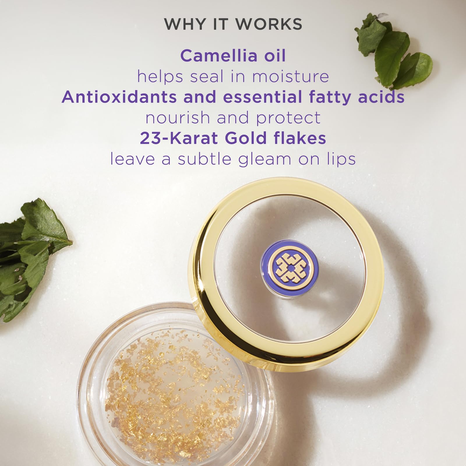 Tatcha Camellia Gold Spun Lip Balm closeup highlighting crushed 23-karat gold flakes.