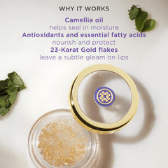 Tatcha Camellia Gold Spun Lip Balm closeup highlighting crushed 23-karat gold flakes.