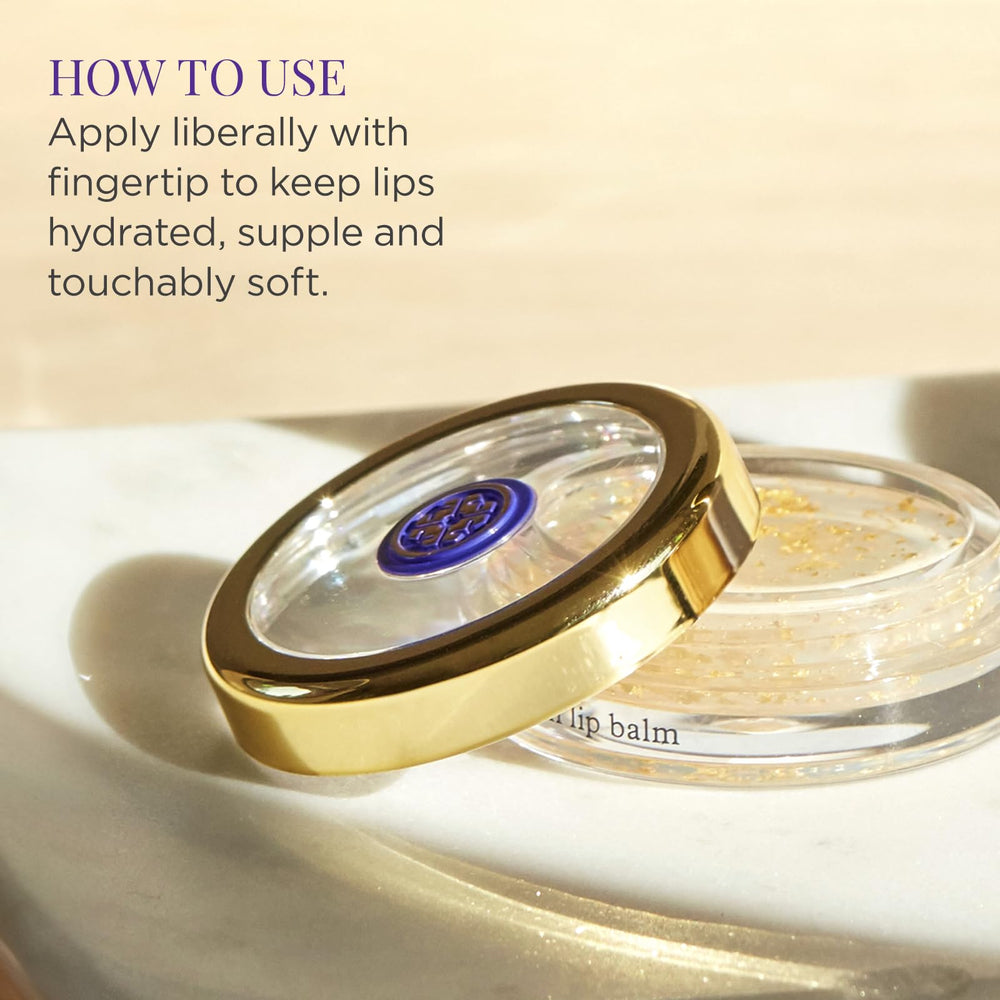 Tatcha Camellia Gold Spun Lip Balm shimmering finish enhances natural lip radiance.