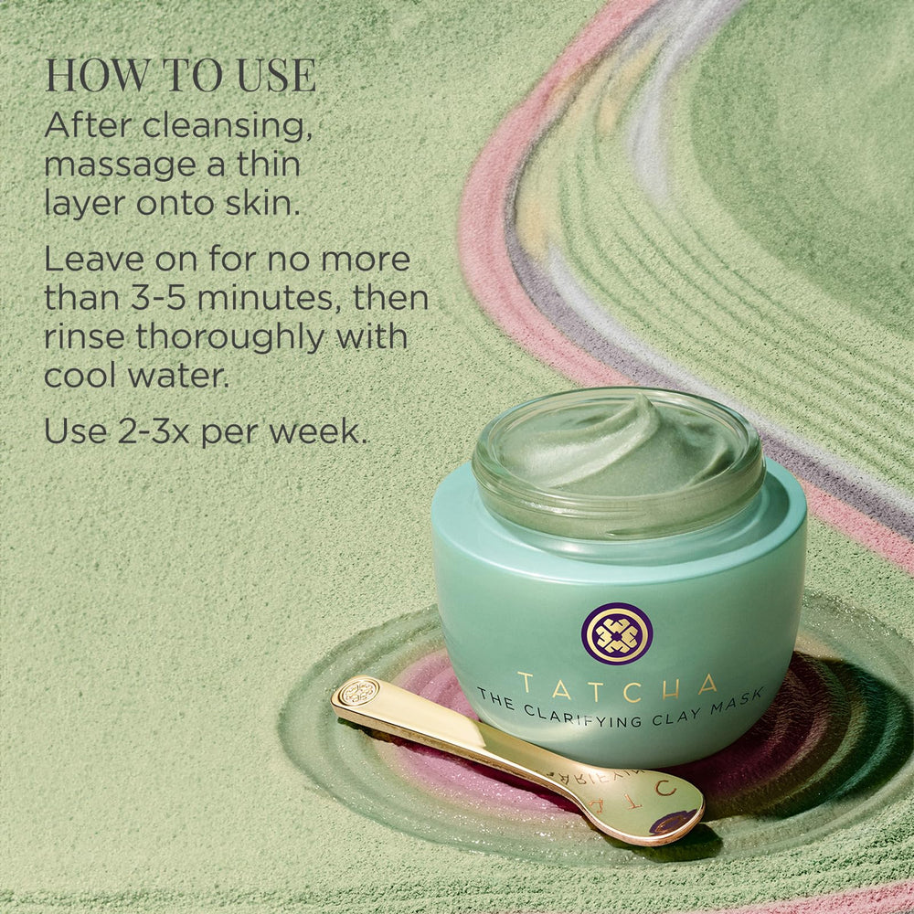 TATCHA Clarifying Clay Mask showcases a 3-minute transformation experience.