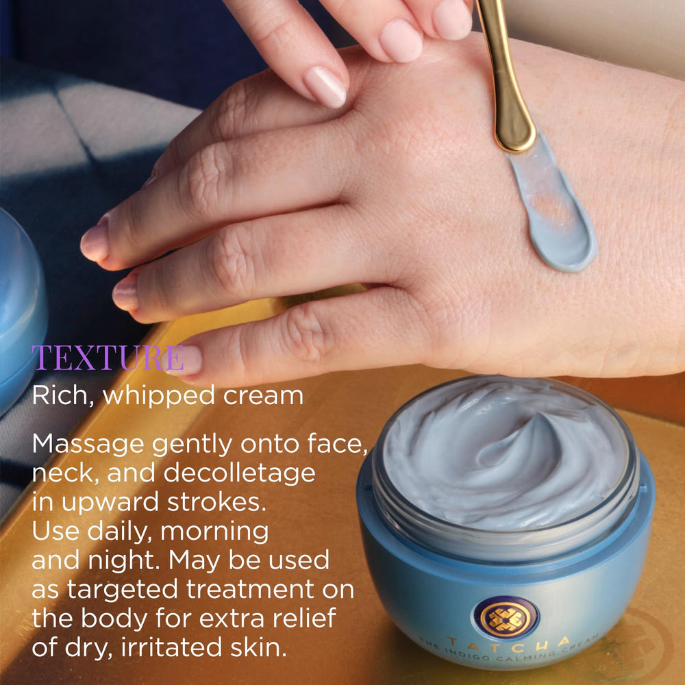 Applying TATCHA Indigo Calming Cream to the face for redness relief.