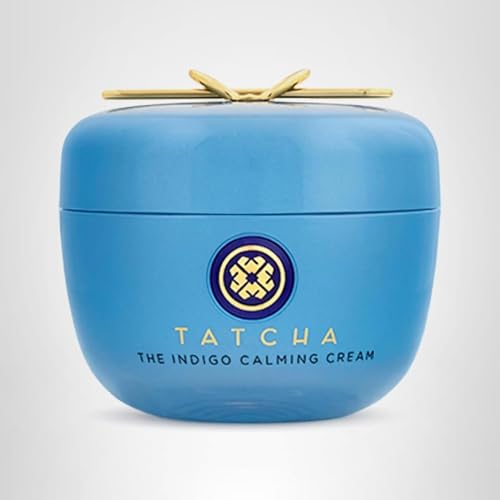 Packaging and ingredients of TATCHA Indigo Calming Cream on display.